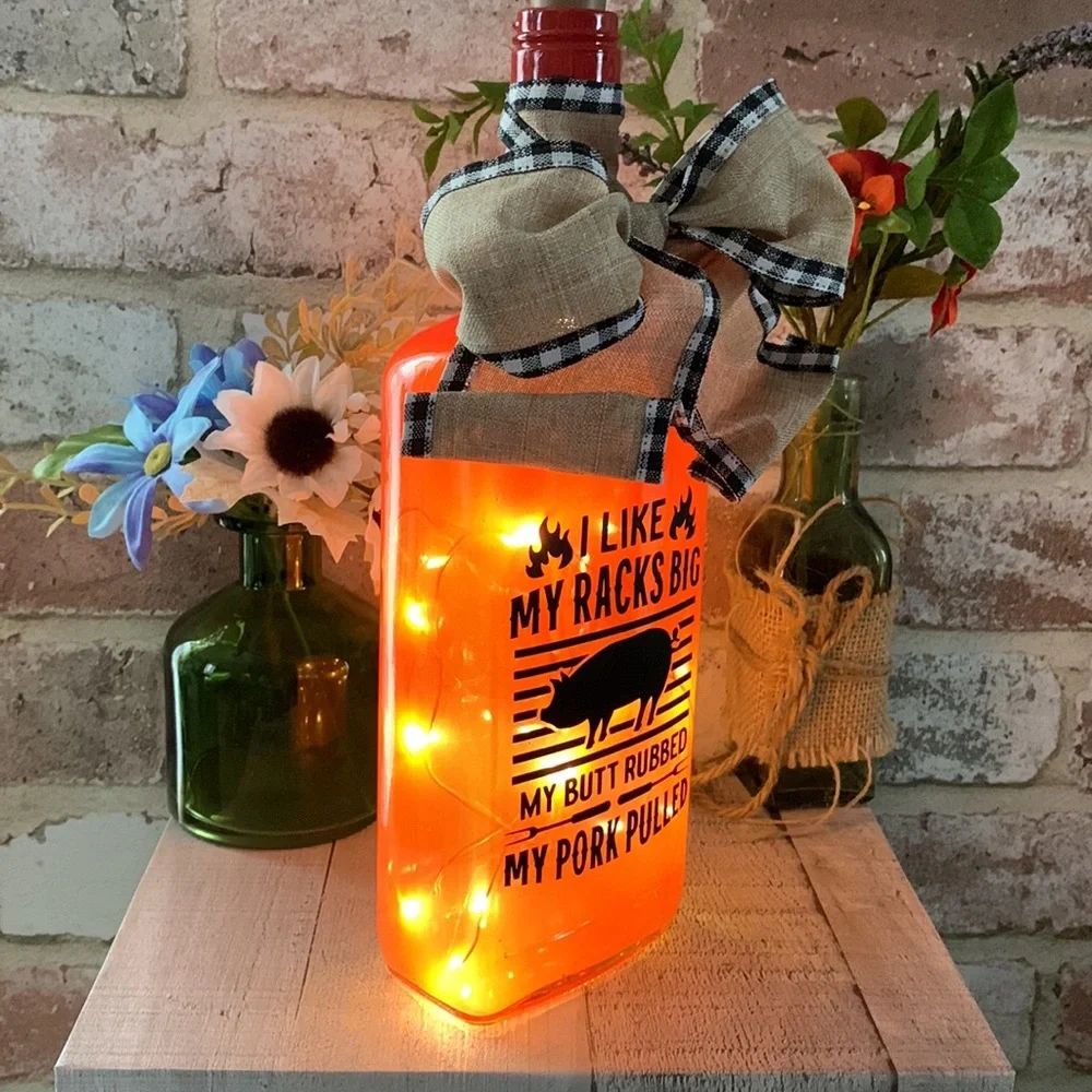 Hand Crafted Red BBQ Bottle Lantern with Burlap Bow